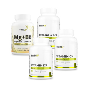1WIN / Набор витаминов. Omega 3-6-9 60 капсул + Витамин D3 5000 МЕ 90 капсул + Магний с витамином B6 120 капсул + подарок Витамин С 100 капсул