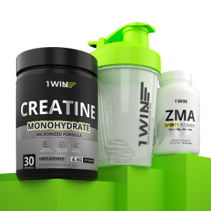 1WIN / Набор для спортсмена. Креатин Нейтральный вкус 200г + Шейкер зелёный 400 мл + подарок ZMA 90 капсул
