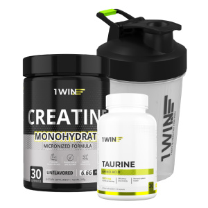 1WIN / Набор для спортсмена. Креатин Нейтральный вкус 200г + Шейкер черный 400 мл + подарок Таурин 90 капсул 1WIN / Набор для спортсмена. Креатин Нейтральный вкус 200г + Шейкер черный 400 мл + подарок Таурин 90 капсул
