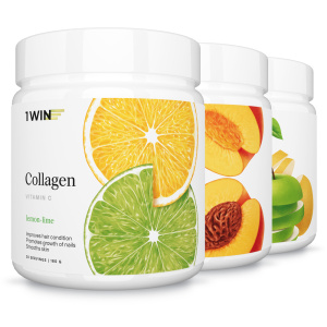 1WIN / Коллаген + Витамин С, Collagen +  Vitamine C, Вкус: Лимон-лайм, Персик, Яблоко-груша, набор из 3-х банок
