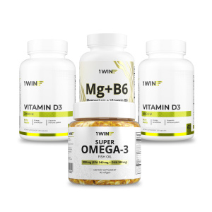 1WIN / Набор базовых нутрицевтиков Омега - 3, Магний+В6, Витамин D3 2000 и 600 МЕ