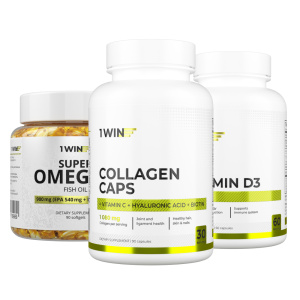1WIN / Набор витаминов, Омега-3 90 капсул + Коллаген+биотин 90 капсул + подарок D3 600МЕ