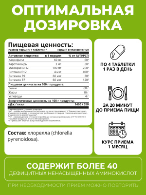 1WIN / Хлорелла органическая натуральная, Chlorella прессованная в таблетках, Суперфуд, 200 грамм