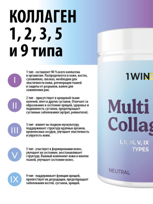1WIN / Мульти Коллаген + Витамин С, Multi Collagen +  Vitamine C, Нейтральный вкус, 240гр. 30 порций