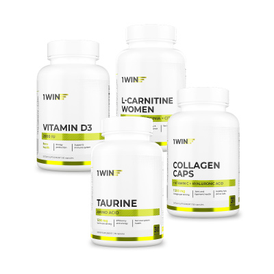 1WIN / Набор витаминов. Коллаген с гиалуронкой и витамином С 155 капсул + Таурин 90 капсул + L-карнитин WOMEN 90 капсул +подарок Витамин D3 2000МЕ