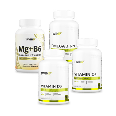 1WIN / Набор витаминов. Omega 3-6-9 60 капсул + Витамин D3 5000 МЕ 90 капсул + Магний с витамином B6 120 капсул + подарок Витамин С 100 капсул
