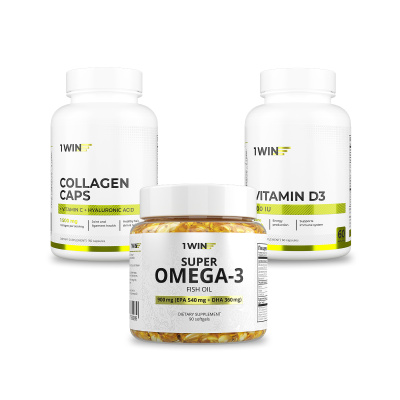 1WIN / Набор витаминов, Омега-3 90 капсул + Коллаген с гиалуроновой кислотой 155 капсул + подарок D3 600МЕ