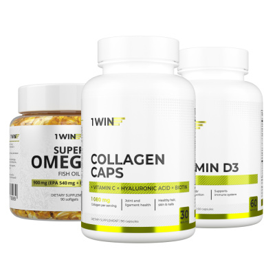 1WIN / Набор витаминов, Омега-3 90 капсул + Коллаген+биотин 90 капсул + подарок D3 600МЕ