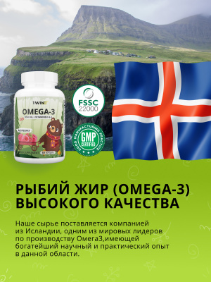 Omega-3 Kids + Vitamins D & E, Детская Омега-3 исландский рыбий жир в капсулах c Витаминами Д и Е, 60 капсул