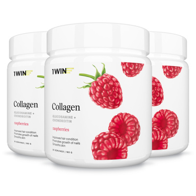1WIN / Collagen + Хондроитин + Глюкозамин, Вкус: Малина, набор из 3-х банок. 
